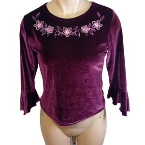 Vintage 90s Jessie Velvet Floral Embroidered Bell Sleeve Top Whimsygoth L  14/16